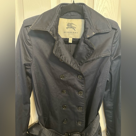 Burberry Navy Double-Breasted Coat with Black Patent Trim - Size 6 - Picture 2 of 12